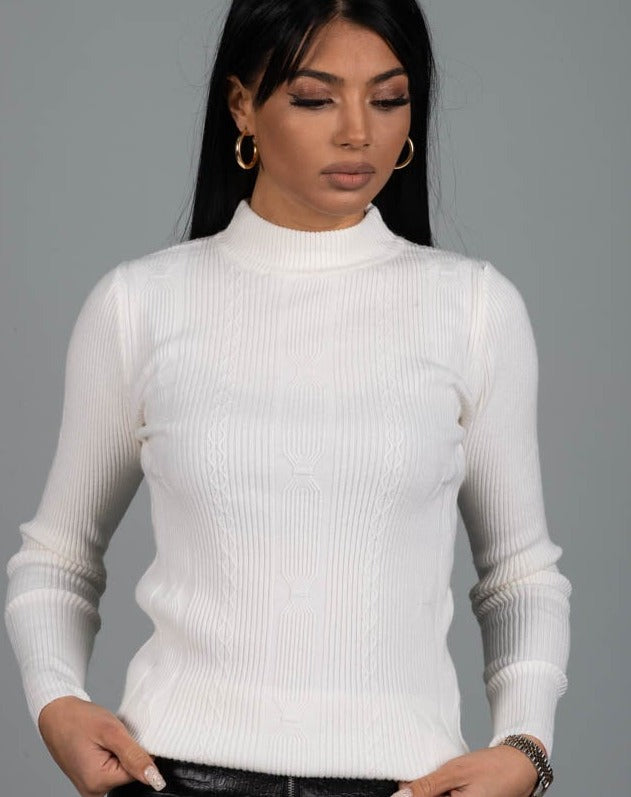 Дамска блуза LARSELA  https://bvseductive.com/products/дамска-блуза-larsela-4  25% вискоза 55% полиестер 10% вълна дамска блуза в бял цвят модел по тялото с поло яка фино плетен рипс и интересни мотиви стил и удобство във ежедневието