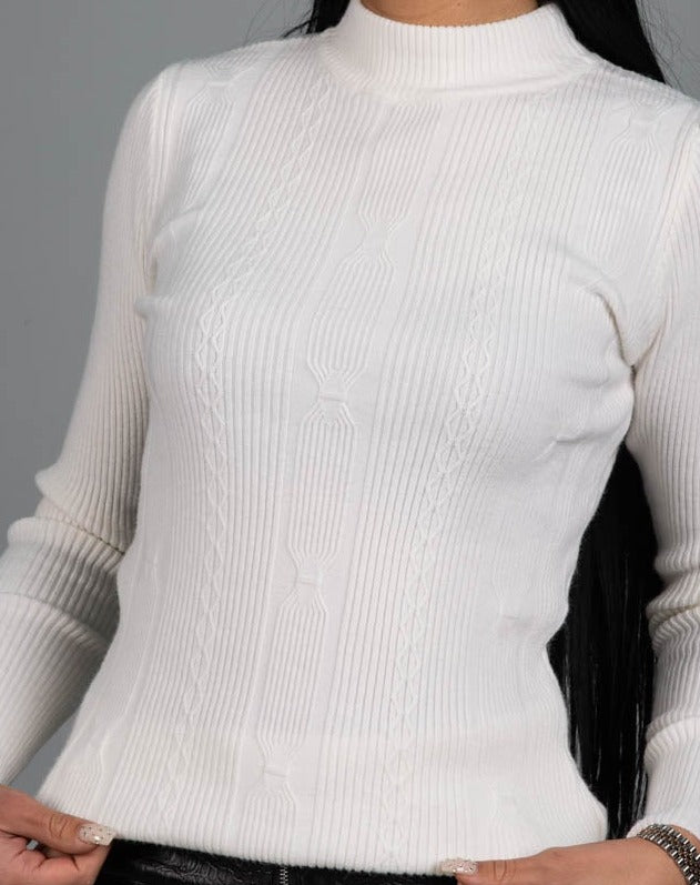 Дамска блуза LARSELA  https://bvseductive.com/products/дамска-блуза-larsela-4  25% вискоза 55% полиестер 10% вълна дамска блуза в бял цвят модел по тялото с поло яка фино плетен рипс и интересни мотиви стил и удобство във ежедневието