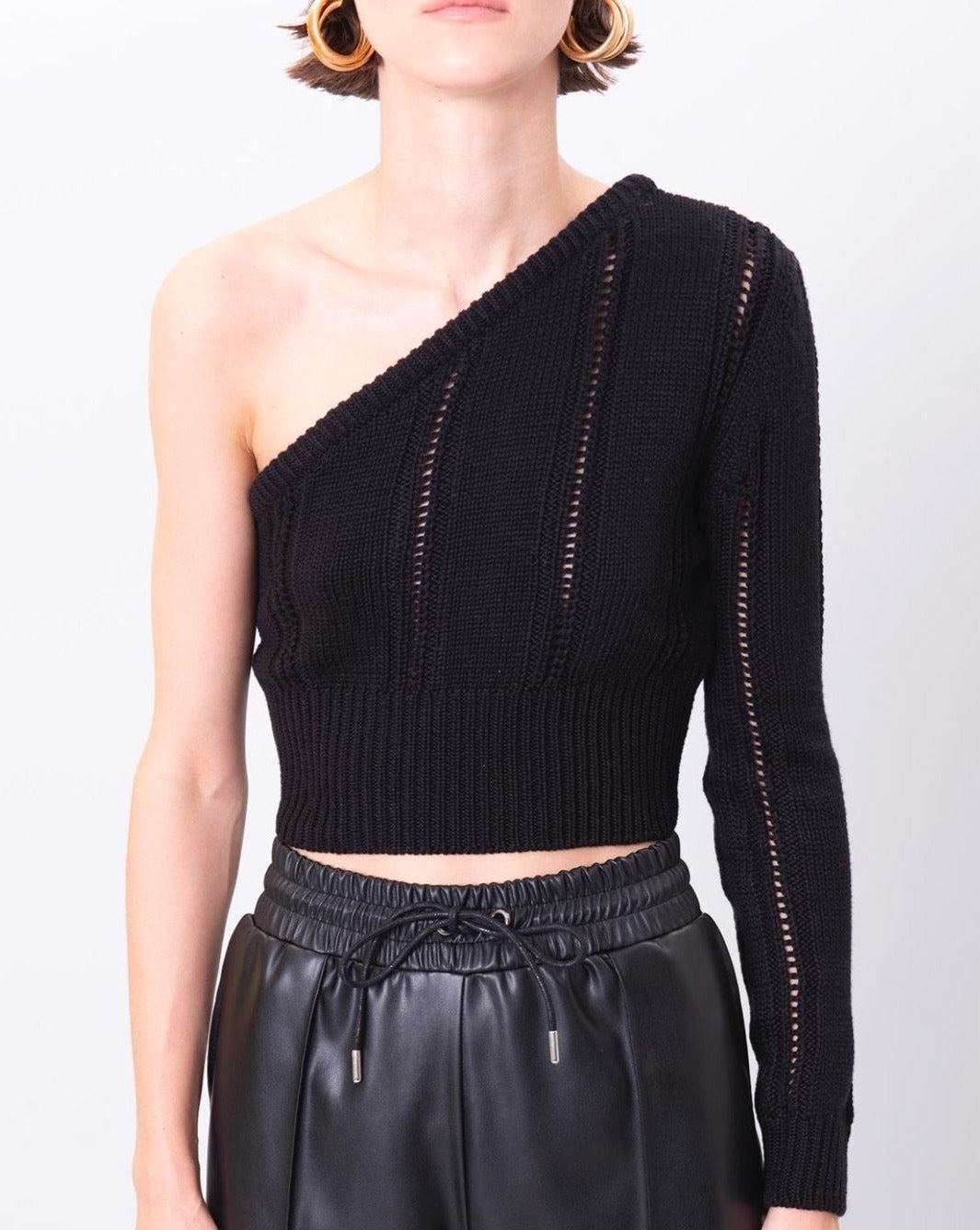 Дамски пуловер BELLA  https://bvseductive.com/products/дамски-пуловер-bella-2  100% акрил атрактивен къс дамски пуловер с един ръкав в черен цвят тренди предложение за вашата визия