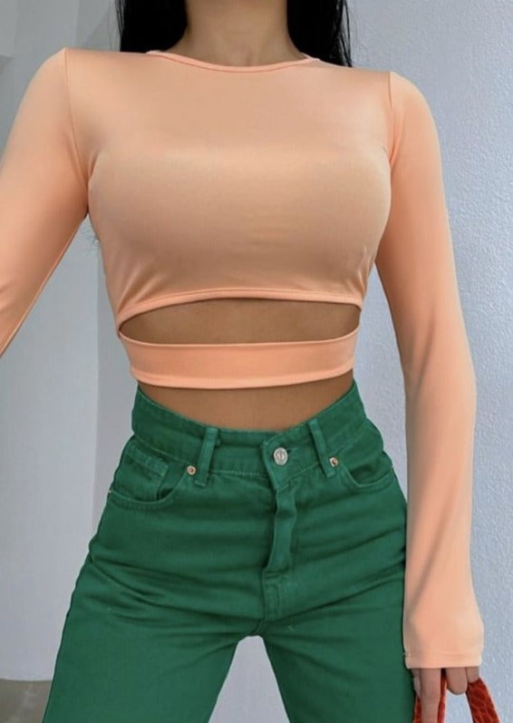 Дамска блуза BILQNA  https://bvseductive.com/products/дамска-блуза-bilqna-5  ефектна дамска блуза в цвят праскова моделът е с къса дължина и дълги ръкави втален силует, подчертаващ фигурата с обло деколте и&nbsp;акцент с отвор чудесно предложение за различни модни съчетания